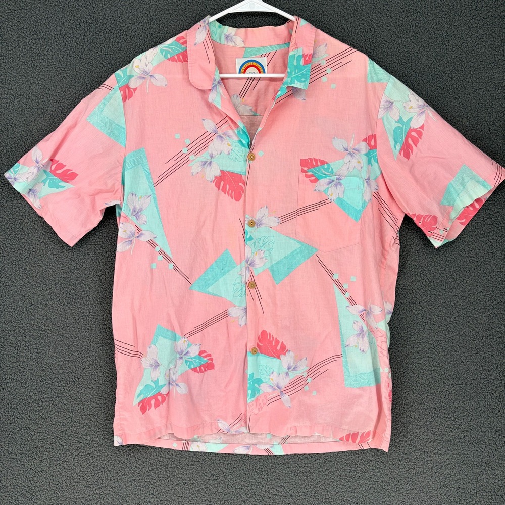 Paradise Found Hawaii Mens Pink Geometric Floral Aloha Shirt XL 80s Style